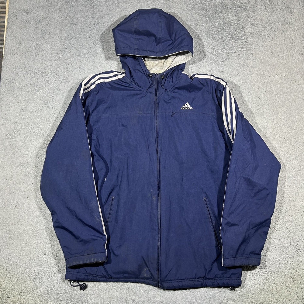 Vtg 90s Reversible Adidas Zip Jacket Coat Hooded Puffer Large Navy Gray White